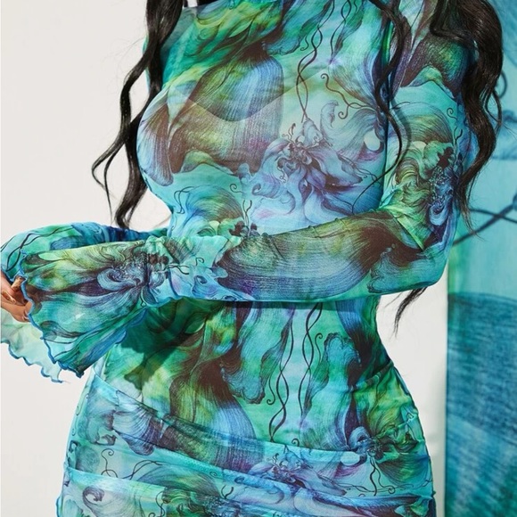 MULTICOLOURED LONG SLEEVE BODYCON MESH DRESS - Picture 2 of 2
